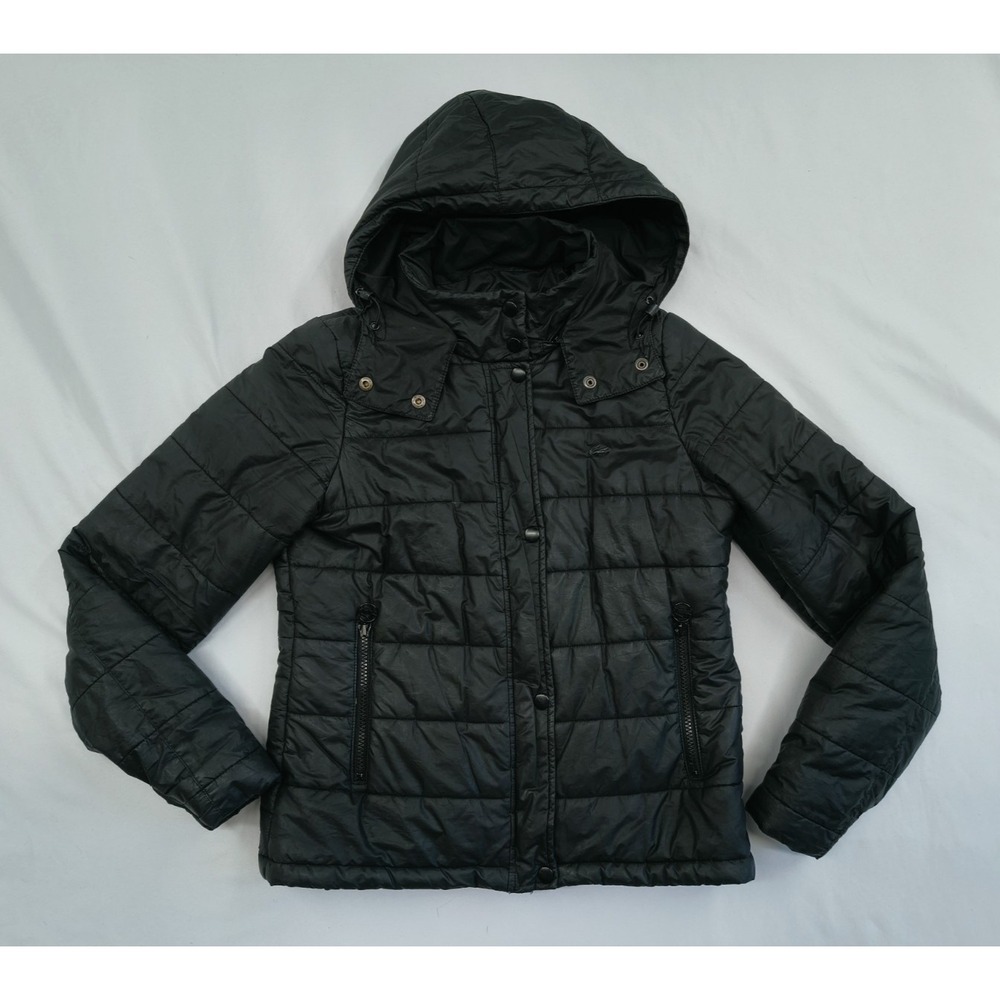 Lacoste Puffer Jacket Black Quilted Removable Hood Classic Zip Pocket Sz 38